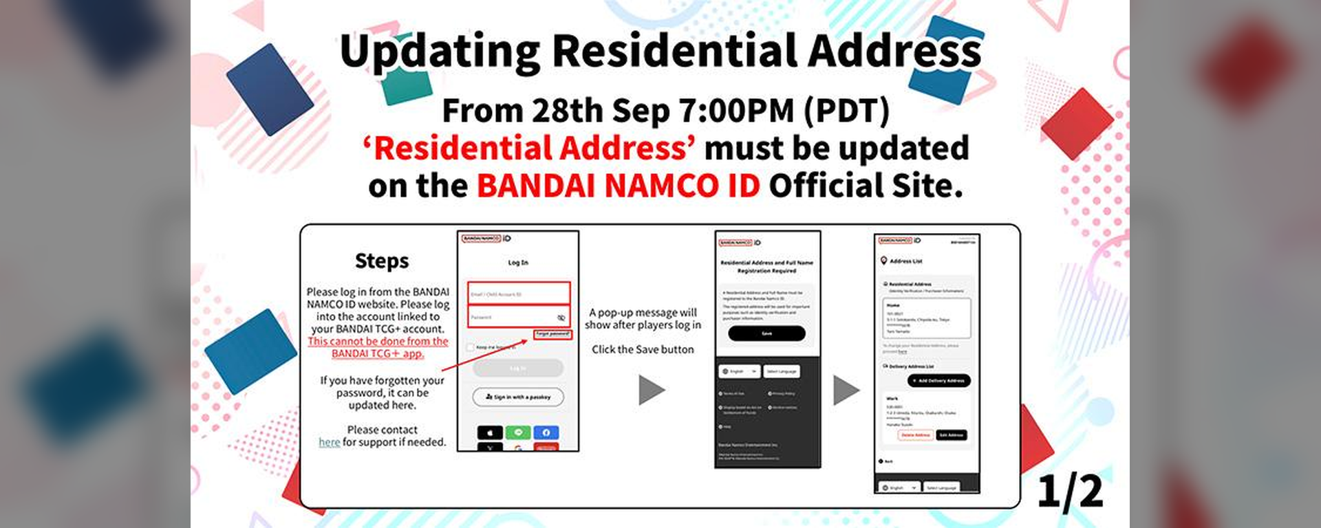 BANDAI TCG+ – mise à jour adresse résidentielle 2026