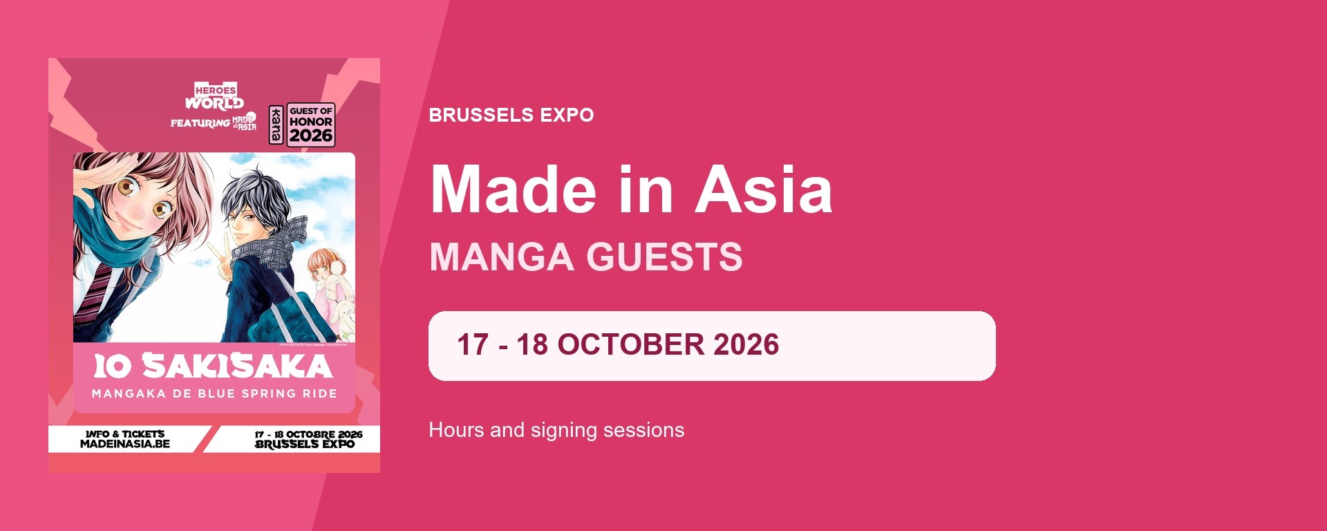 Bandeau Made in Asia Bruxelles 2026 avec l’affiche officielle d’Io Sakisaka et les dates du 17 et 18 octobre.