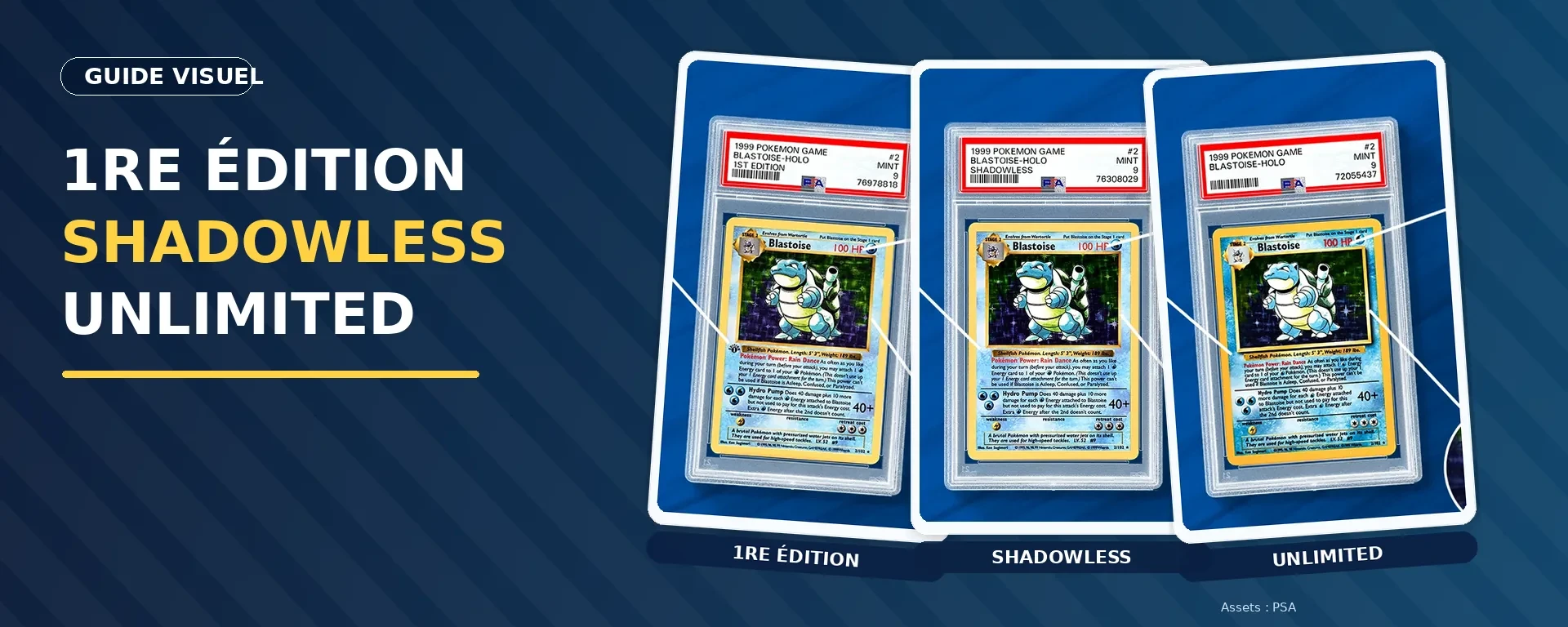 Comparaison carte Pokémon Base Set 1re édition, Shadowless et Unlimited