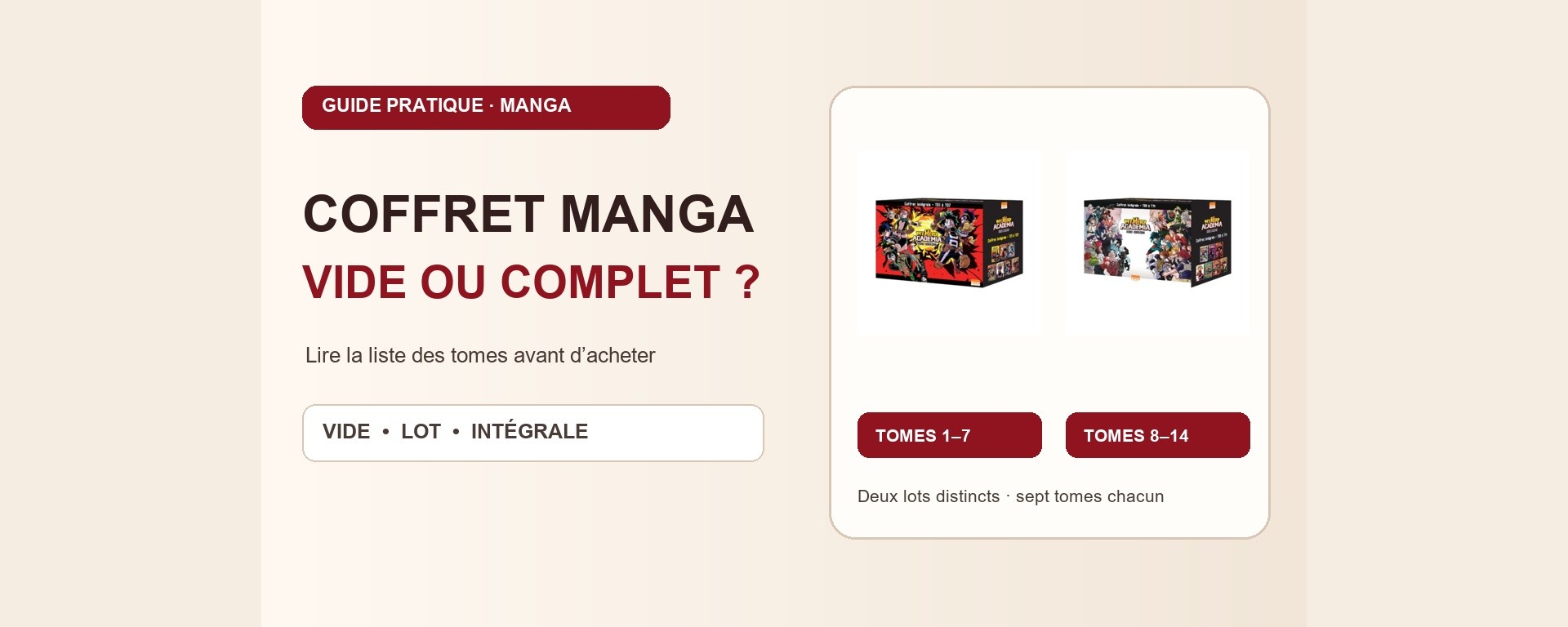 Coffrets My Hero Academia contenant les tomes 1 à 7 et 8 à 14, deux lots partiels illustrés