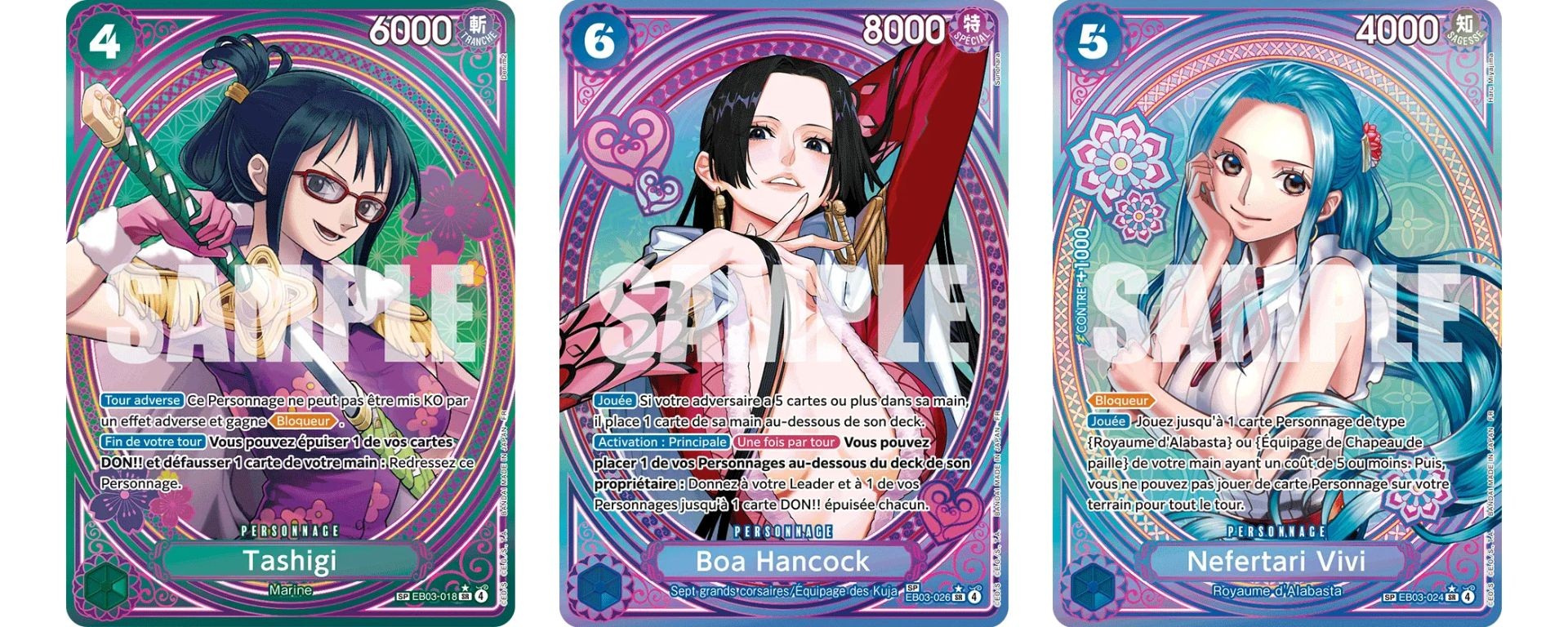 Cartes SP Tashigi Boa Hancock et Nefertari Vivi Extra Booster EB-03 Heroines Edition One Piece Card Game