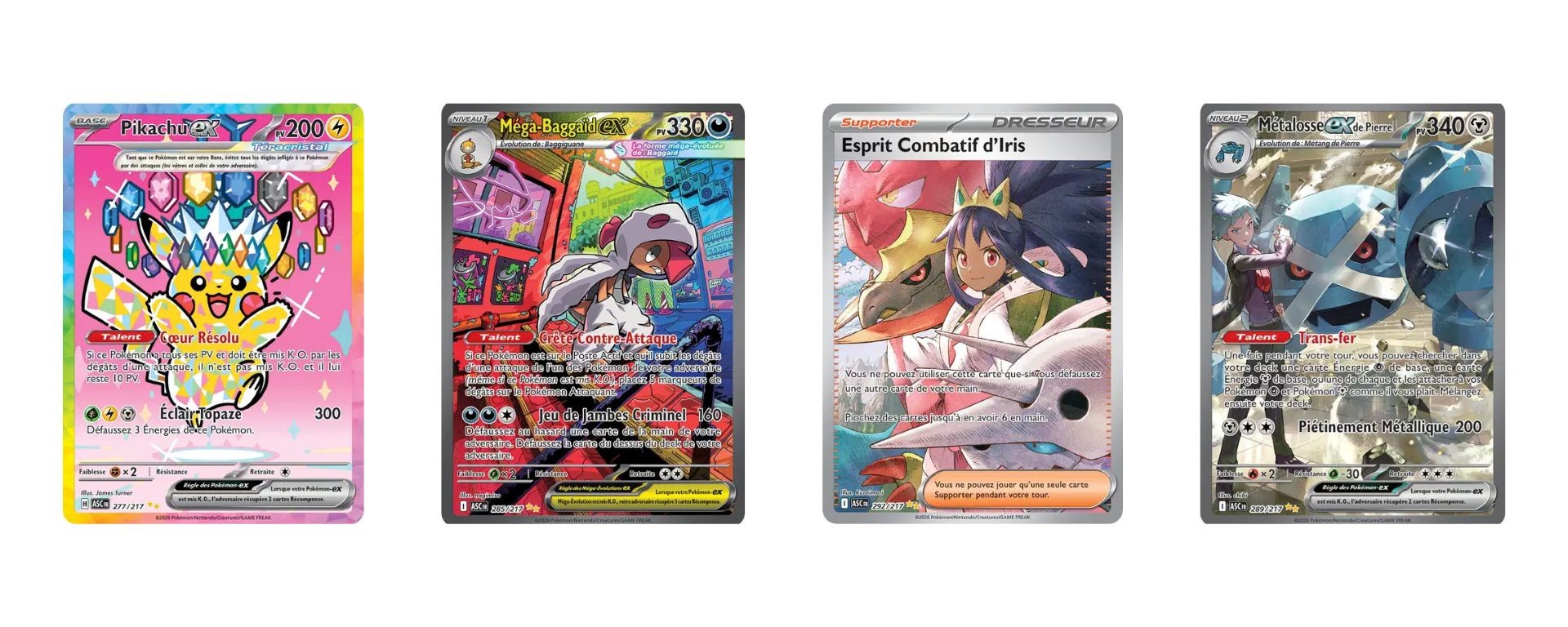 Cartes Pokémon ME2.5 Héros Transcendants les plus chères en français – Pikachu ex, Méga-Baggaïd ex, Esprit Combat d’Iris et Métalosse ex de Pierre