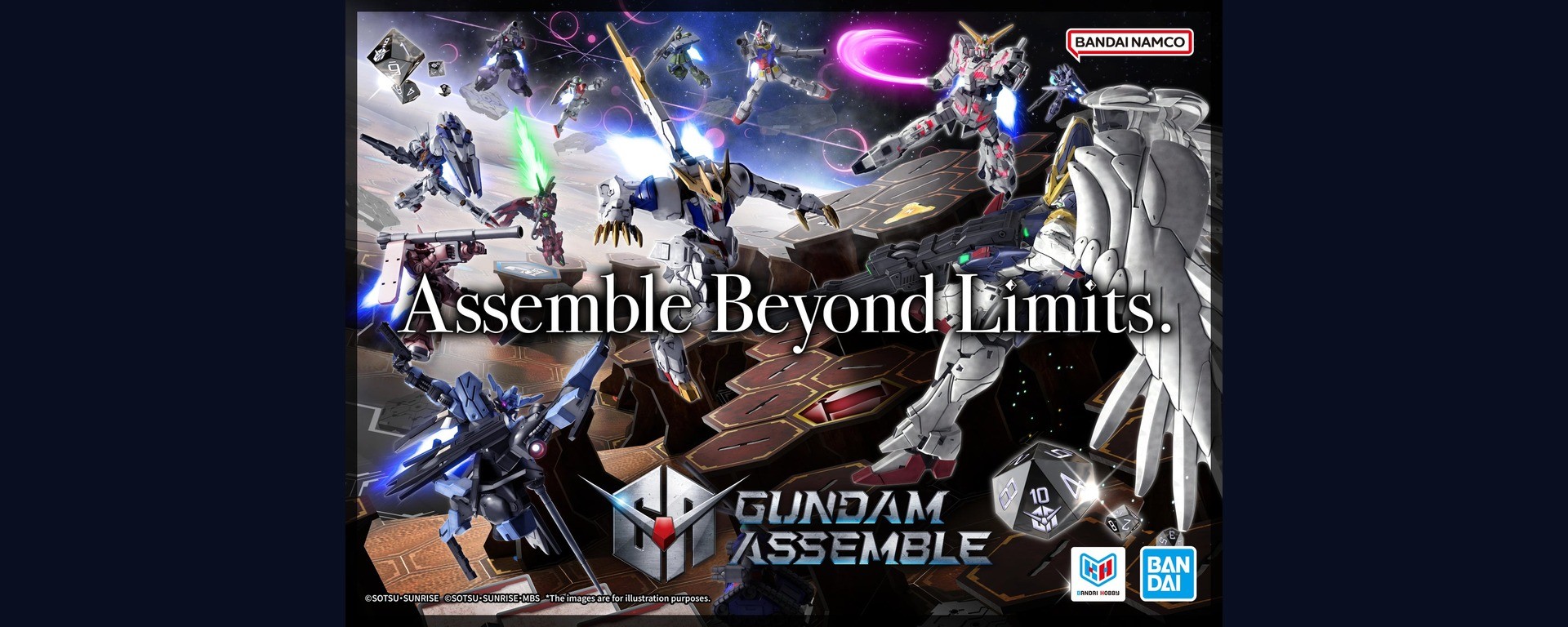 Visuel officiel GUNDAM ASSEMBLE montrant des miniatures, un terrain de jeu et le logo de la gamme