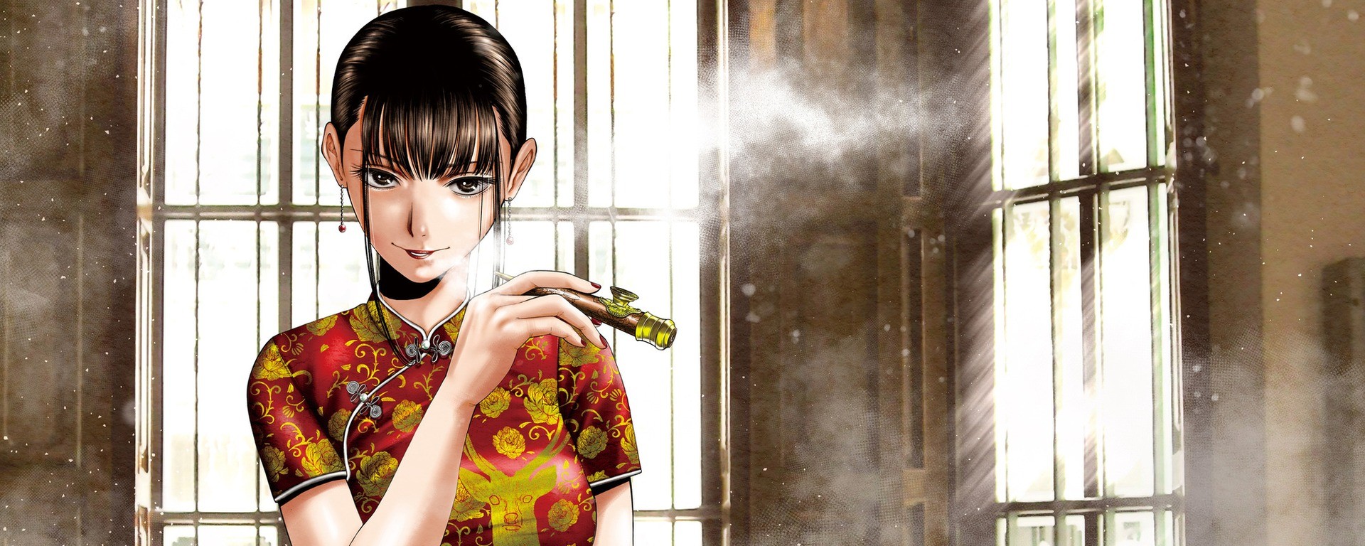 Illustration officielle de Manchuria Opium Squad pour la reprise du manga, avec une protagoniste devant une fenêtre