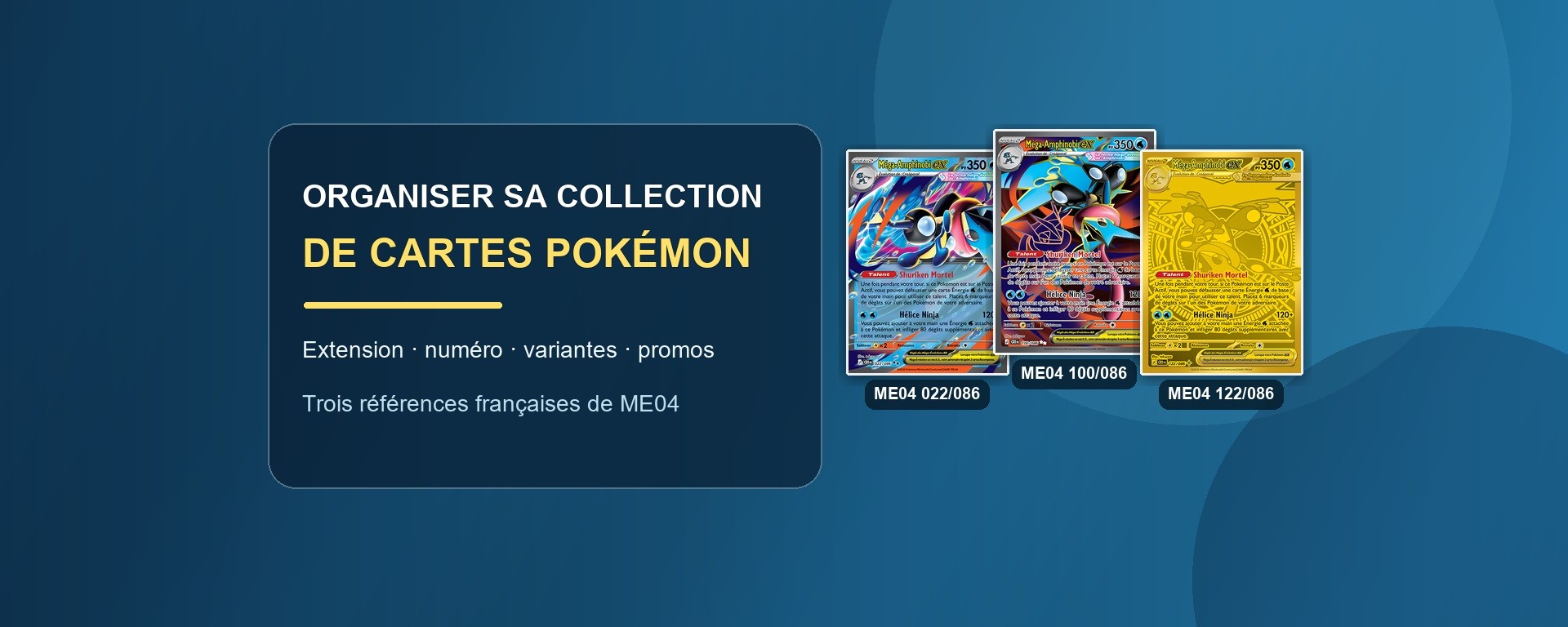 Guide visuel de trois cartes françaises Méga-Amphinobi de Chaos Ascendant, numérotées 022, 100 et 122.