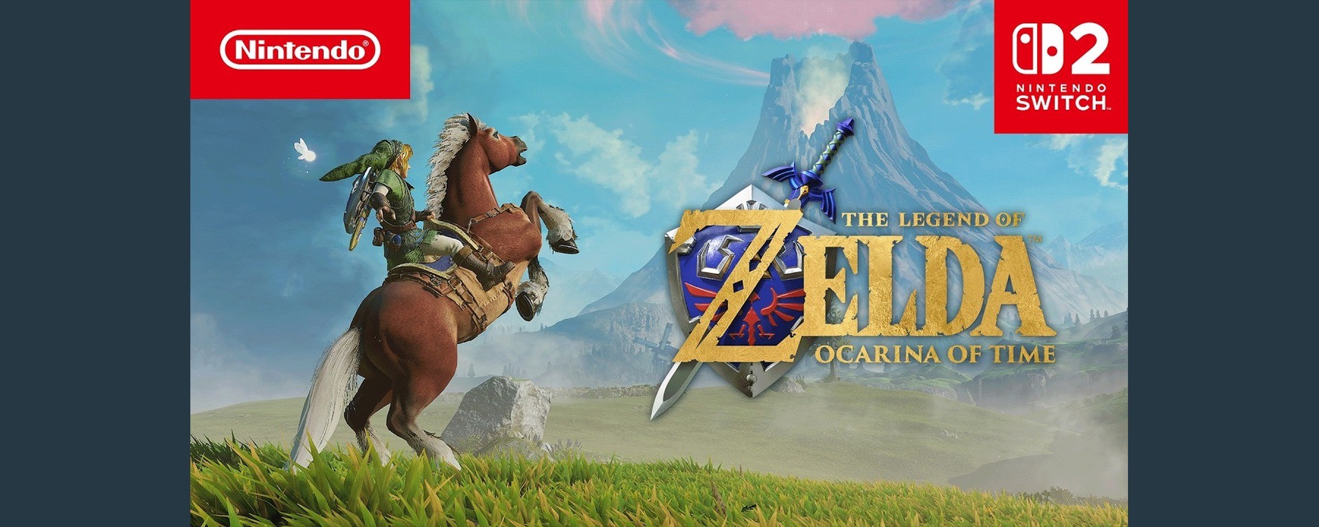 Miniature officielle Nintendo du trailer Ocarina of Time : Link à cheval devant le logo du jeu et de la Switch 2