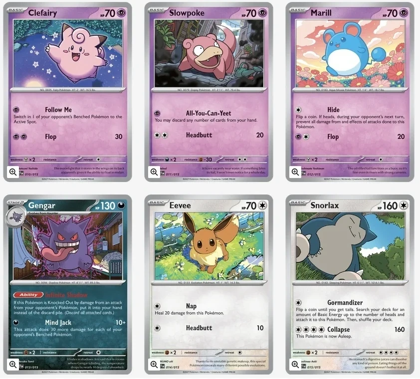 Six cartes McDonald’s M27 : Mélofée, Ramoloss, Marill, Ectoplasma, Évoli et Ronflex