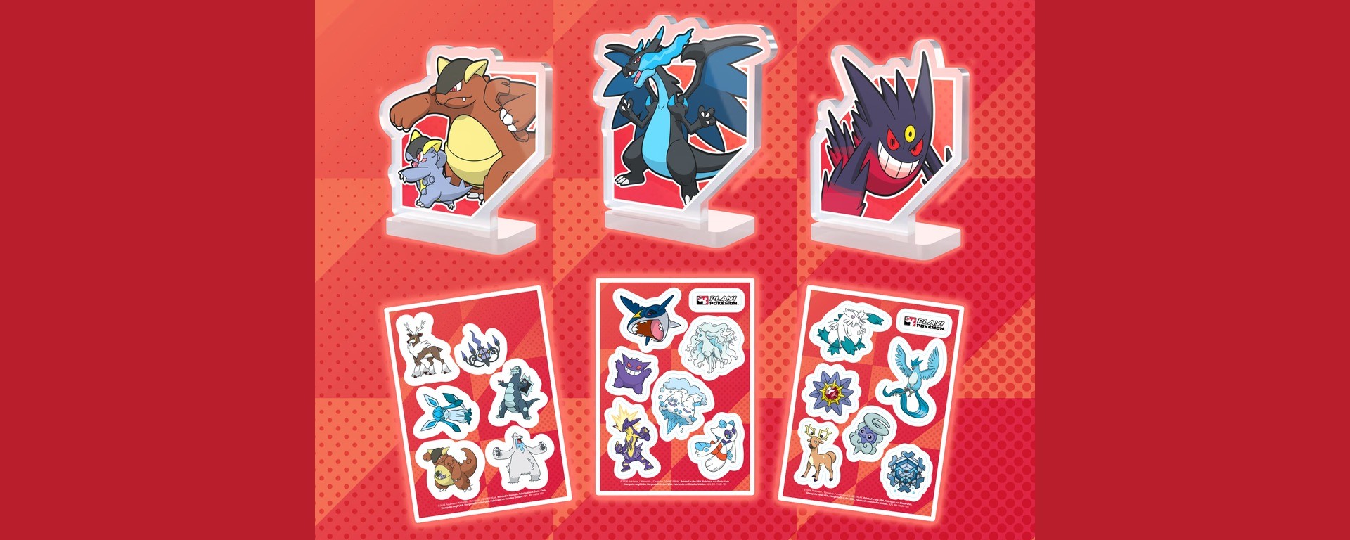 Trois standees Pokémon et trois planches de stickers présentés dans l’annonce américaine des récompenses de ligue d’octobre 2026