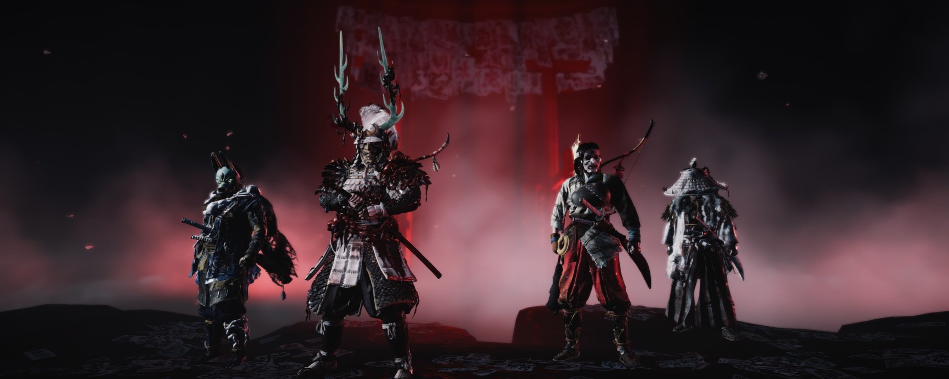 Artwork PlayStation officiel du mode Ghost of Tsushima: Legends, quatre combattants silhouettés dans une brume rouge