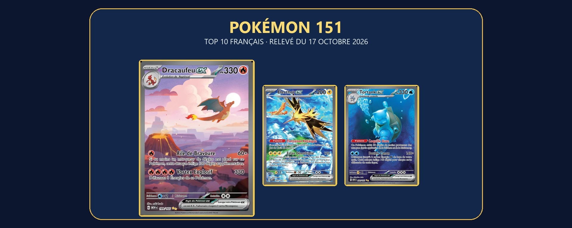 Montage de Dracaufeu-ex, Électhor-ex et Tortank-ex du set français Pokémon 151