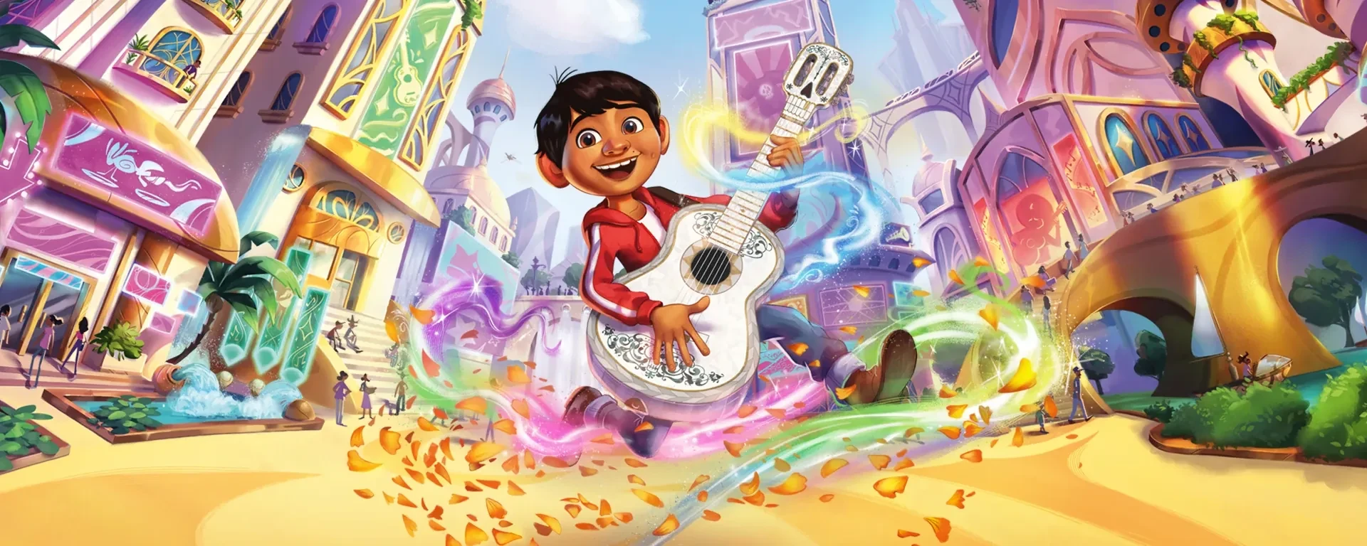 Miguel Rivera jouant de la guitare dans Disney Lorcana Hyperia City