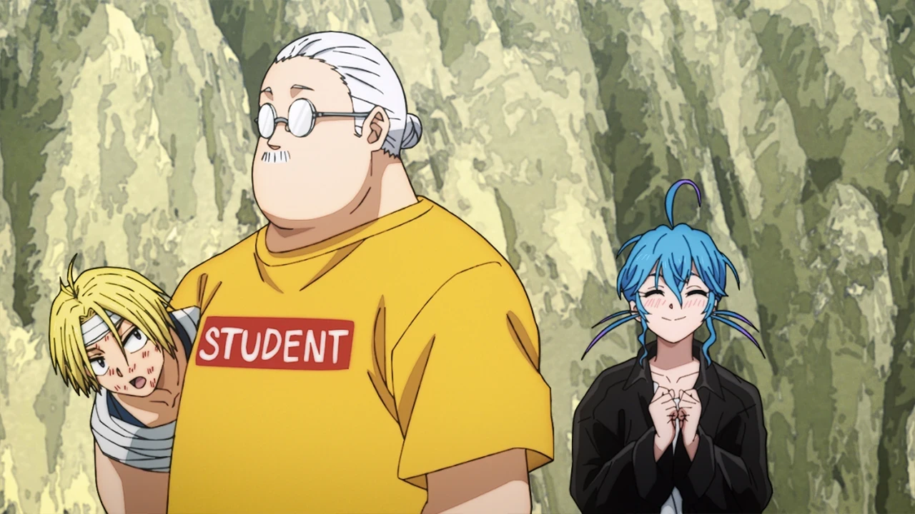 Sakamoto entouré des candidats dans une image officielle de l’épisode 22