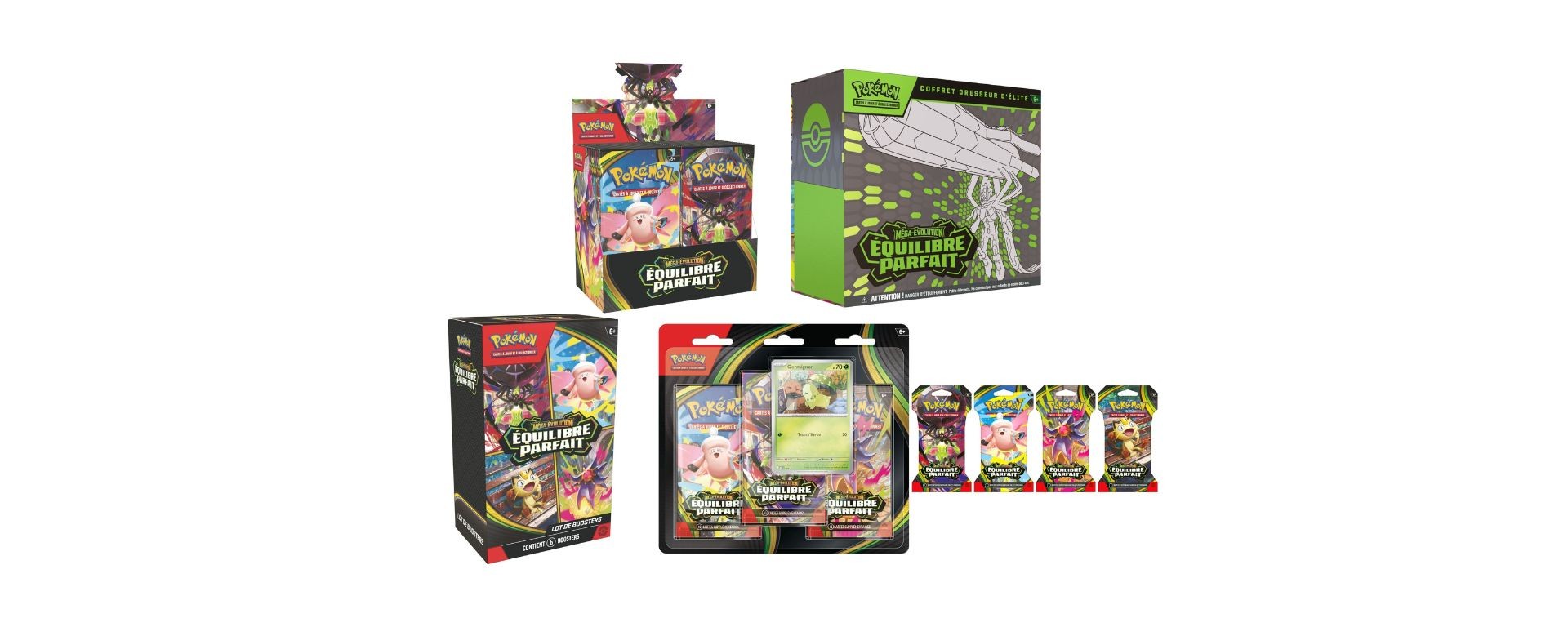 Collection complète des produits Pokémon ME03 Équilibre Parfait : boosters, display, ETB, bundle et tripack