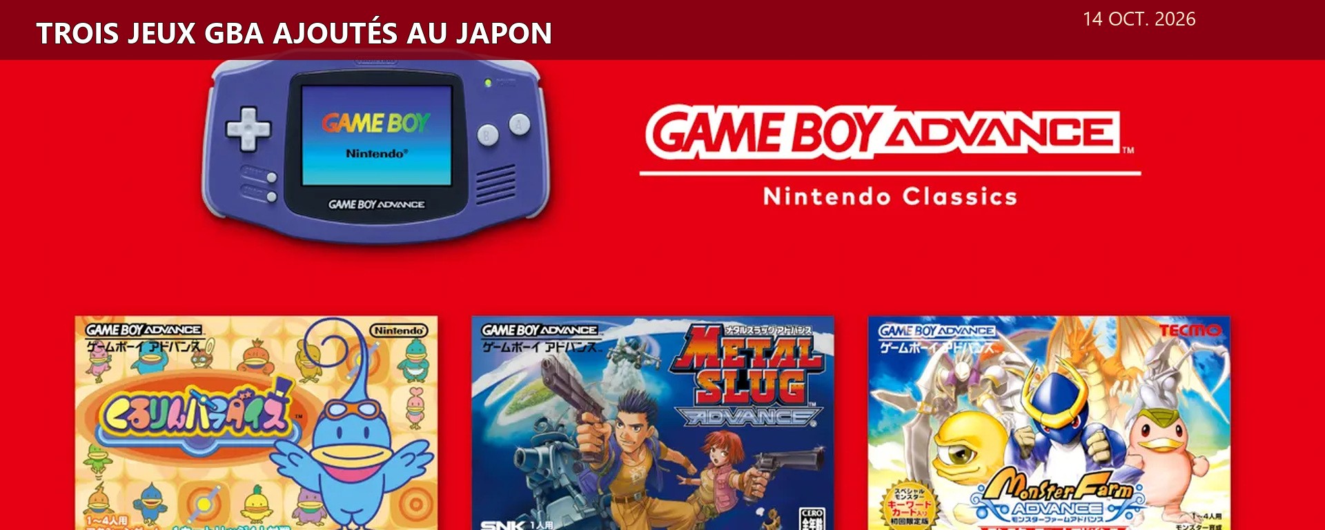 Console Game Boy Advance, logo Nintendo Classics et jaquettes de Kururin Paradise, Metal Slug Advance et Monster Farm Advance