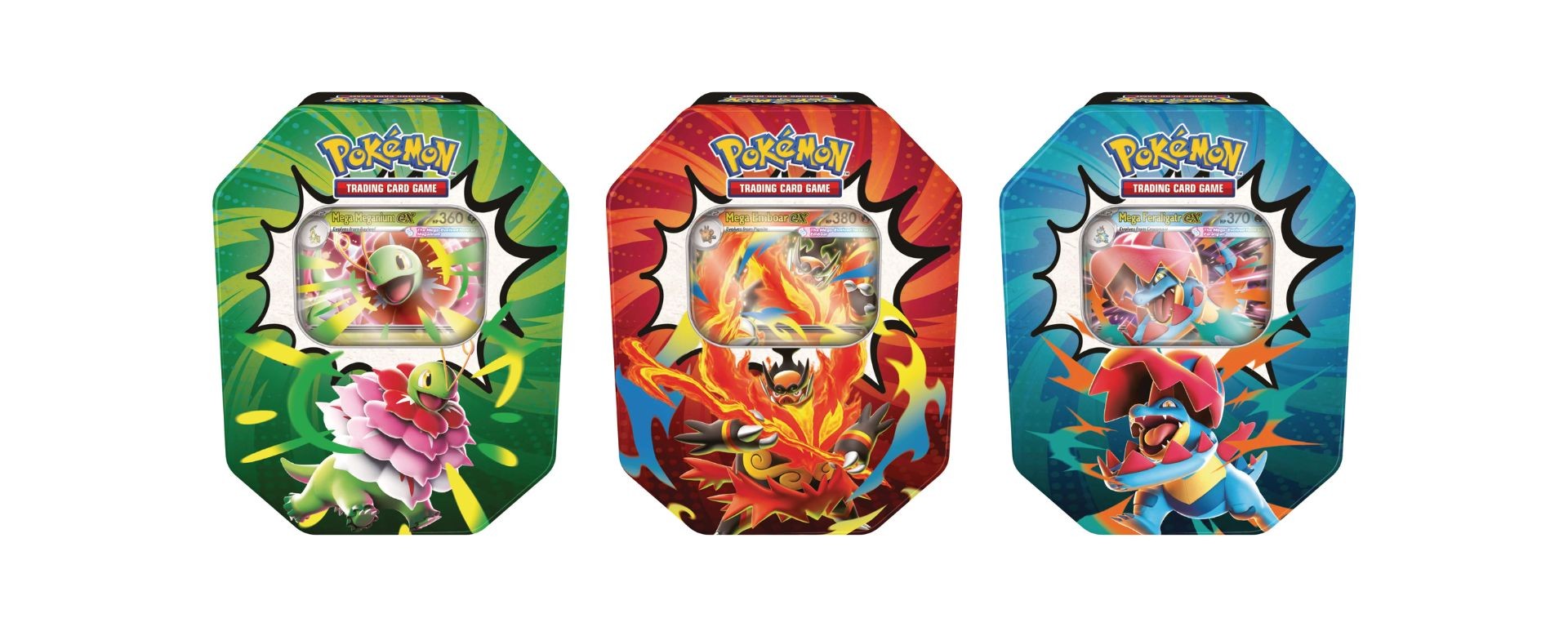 Tins Pokémon JCC Héros Transcendants avec Méga-Méganium-ex, Méga-Roitiflam-ex et Méga-Aligatueur-ex