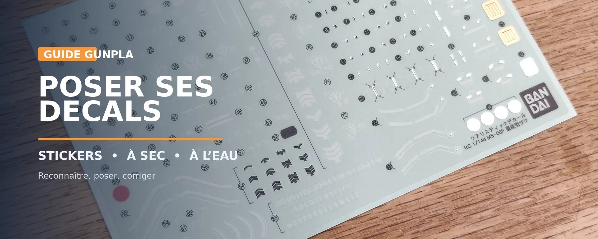 Feuille Realistic Decal Gunpla illustrant un guide de pose des marquages