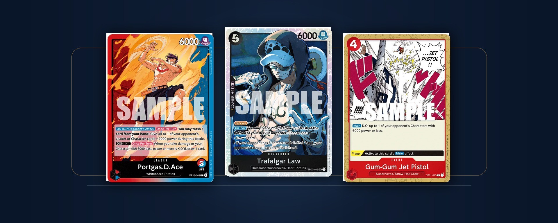 Couverture illustrée de trois cartes One Piece Card Game : Portgas D. Ace OP13-002, Trafalgar Law EB02-045 et Gum-Gum Jet Pistol ST01-015, impressions anglaises.