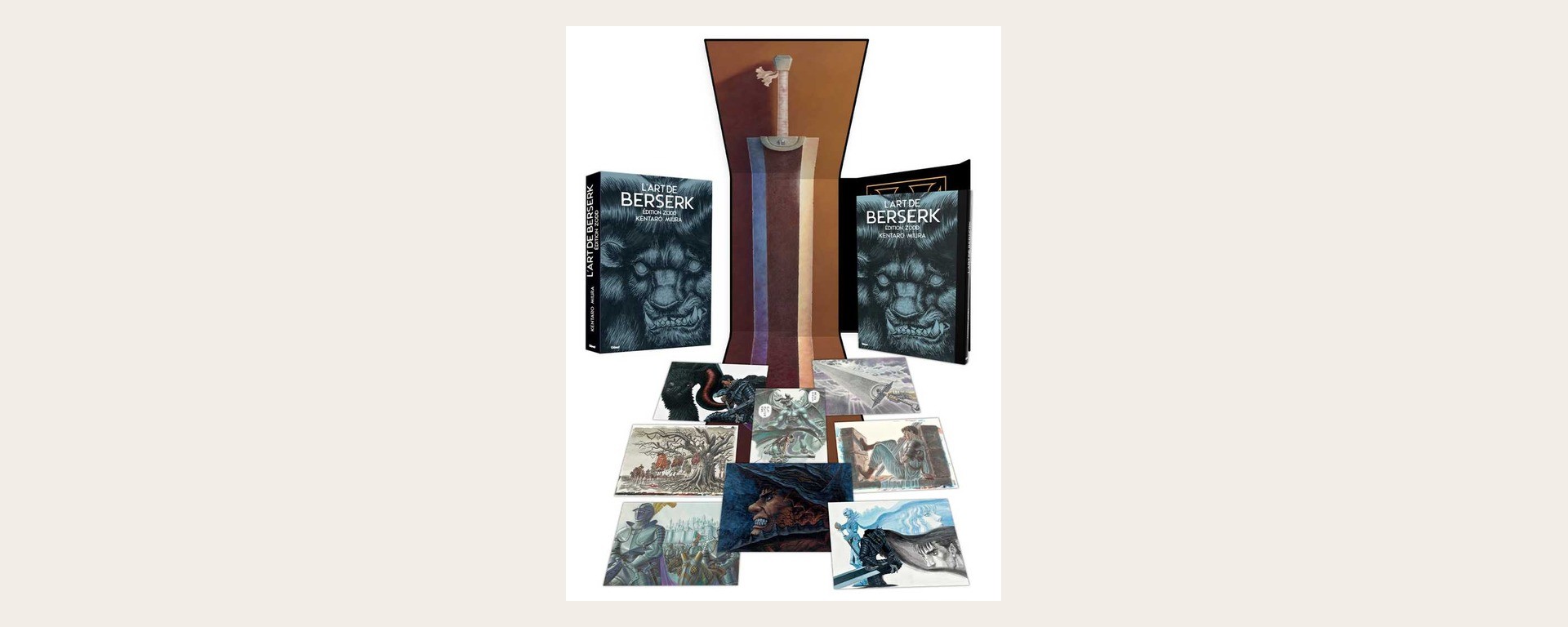 Mockup officiel de L’Art de Berserk – Édition Zodd, volumes illustrés et présentoir représentés par Glénat