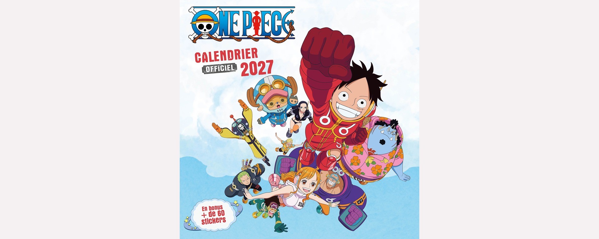 Couverture Play Bac du calendrier One Piece officiel 2027 : Luffy et son équipage avec plus de 60 stickers