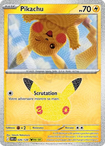 Recto de la carte Pokémon Pikachu 026/128, 30e Anniversaire, en français