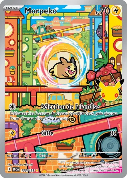 Recto de la carte Pokémon Morpeko 135/128, 30e Anniversaire, en français
