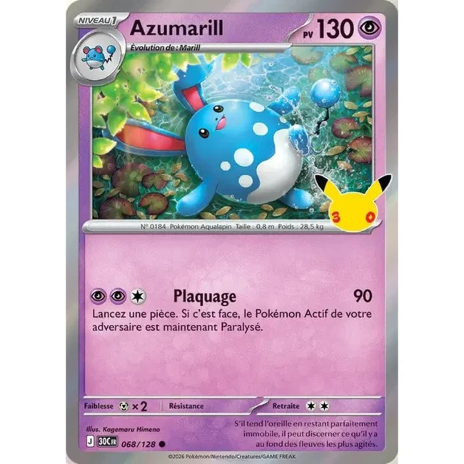 Carte Pokémon Azumarill 068/128 – 30e Anniversaire FR