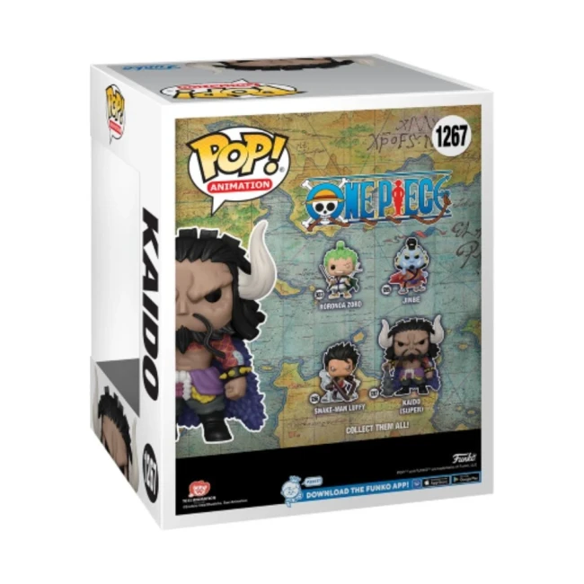 Vue arrière de la boîte Funko Pop! de Kaido (One Piece), présentant d'autres figurines de la collection : Zoro, Jinbe, Luffy Snake-Man et Kaido.