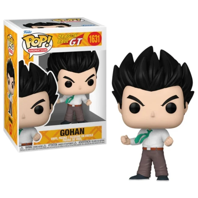 DRAGON BALL GT - Figurine Funko POP N° 1631 - Gohan Figurine Funko Pop Gohan de Dragon Ball GT, numéro 1631, avec son emballage visible à côté. Gohan est représenté avec ses cheveux noirs en pics, portant une chemise blanche, une cravate verte et un pantalon marron, dans une posture dynamique avec un air d