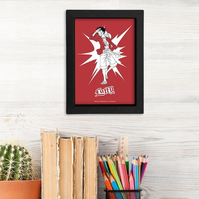 Portrait de Luffy sur fond rouge dans le cadre noir One Piece POP COLOR