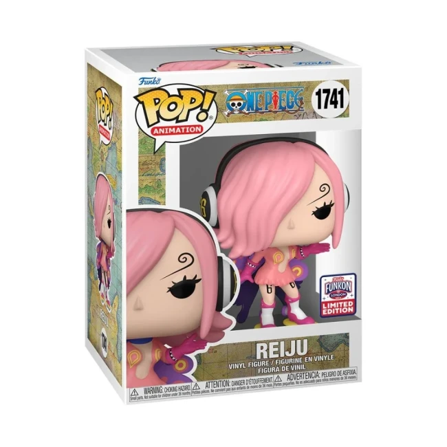 ONE PIECE - POP N°1741 - Reiju "Funkon Convention" Funko Pop! de Reiju de One Piece en boîte, figurine édition limitée avec cheveux roses, ailes violettes et tenue rose.
