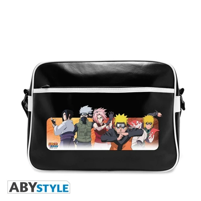 Sac besace noir Naruto Shippuden avec un groupe de personnages, vue de face