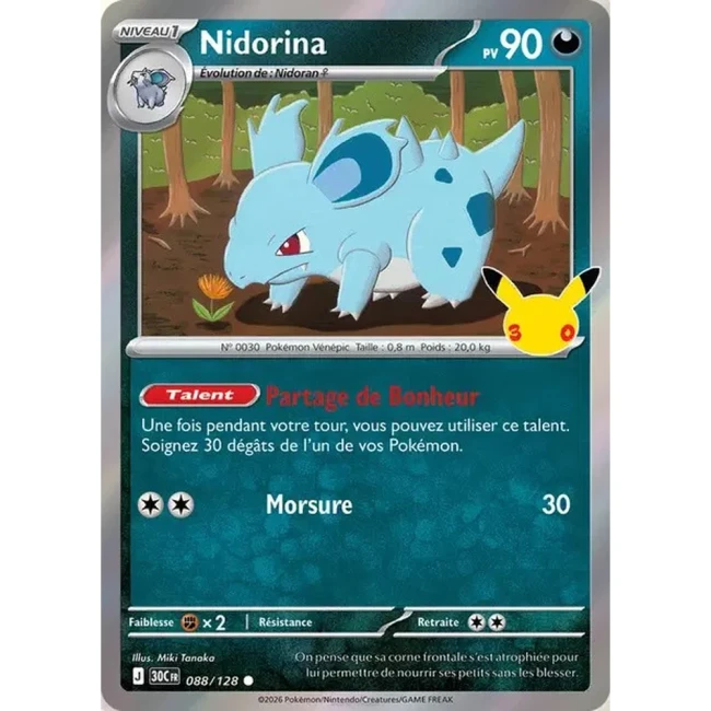 Carte Pokémon Nidorina 088/128 – 30e Anniversaire FR