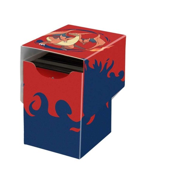 Boîte Pokémon ouverte avec cartes visibles et visuel feu stylisé