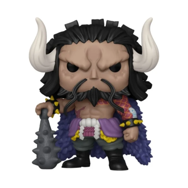 Figurine Funko Pop! de Kaido version humaine, avec cornes blanches, masse à pointes et cape violette, issue de One Piece.