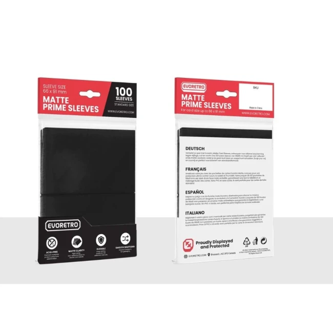 Paquet EVORETRO noir mat de 100 sleeves 66×91 mm, fiche produit consultée le 22 octobre 2026.