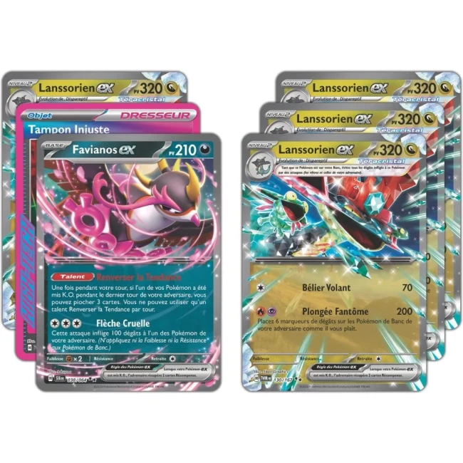 Pokémon JCC : Deck Combat de Ligue Lanssorien-ex - FR Cartes principales du Deck Combat de Ligue Lanssorien-ex, incluant plusieurs exemplaires de Lanssorien-ex et la carte de Favianos-ex avec des effets brillants.