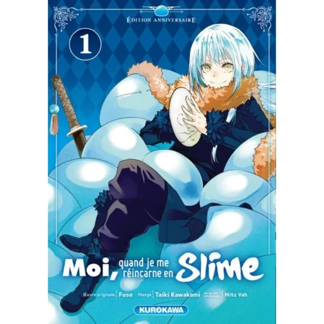 Couverture du tome 1 édition anniversaire de Moi, quand je me réincarne en Slime avec Rimuru assis dans une masse de slimes bleus, ambiance légère et fond à motifs bleus élégants.