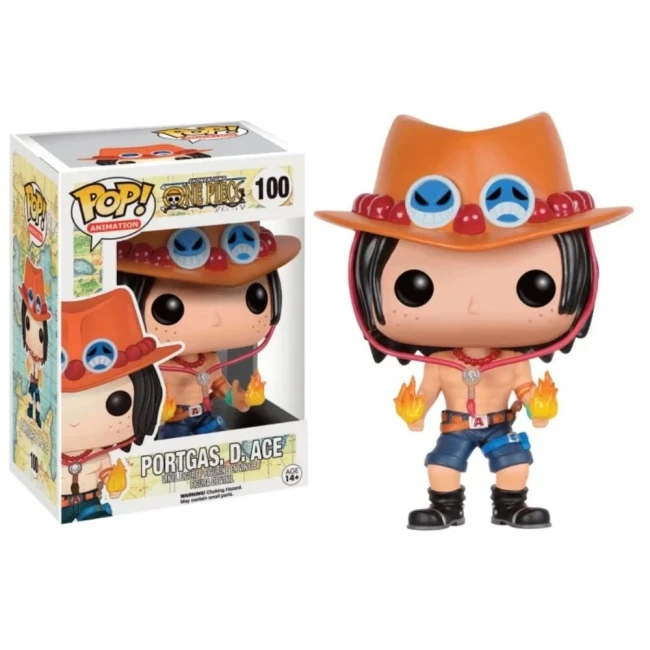 Figurine Funko Pop Portgas D. Ace de One Piece, numéro 100, avec son emballage visible à côté. Ace est représenté avec son chapeau emblématique orange orné de perles et d'expressions faciales, torse nu avec des flammes dans les mains, portant un short ble