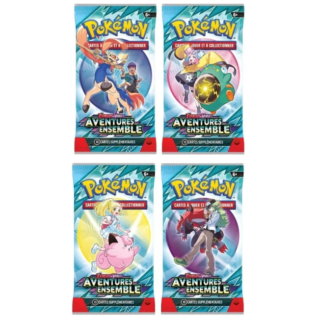 Illustration de quatre boosters de cartes Pokémon 'Aventures Ensemble', de la série Écarlate et Violet, affichant des designs colorés et divers personnages emblématiques de l'univers Pokémon, pour jouer et collectionner, destinés aux enfants de 6 ans et p
