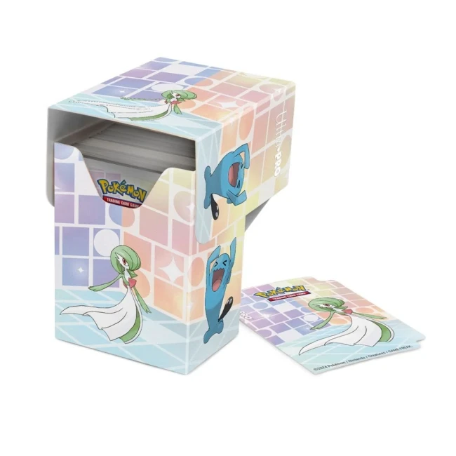 Boîte de rangement Ultra PRO Pokémon illustrée avec Gardevoir et Qulbutoké, conçue pour stocker et protéger des cartes à collectionner, au design pastel et élégant.