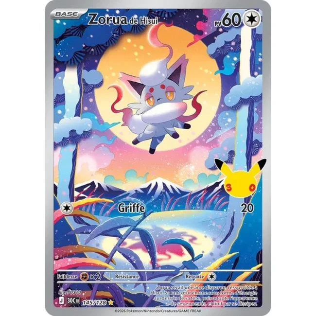 Carte Pokémon Zorua de Hisui 145/128 – 30e Anniversaire FR