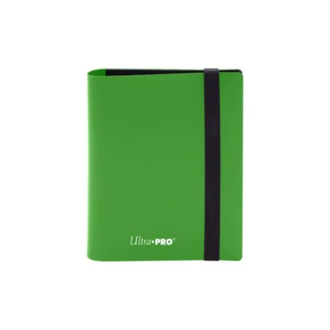 Classeur Ultra PRO vert avec élastique noir, conçu pour ranger et protéger les cartes à collectionner, offrant un design simple et fonctionnel pour les joueurs et collectionneurs.