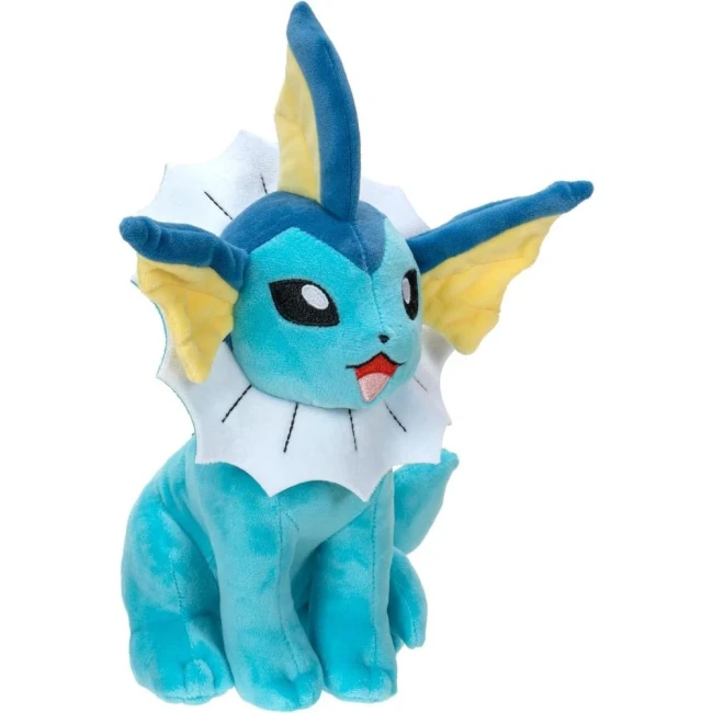 Peluche Pokémon - Peluche Aquali 20cm Peluche Pokémon Aquali officielle assise, avec un pelage bleu clair, une collerette blanche en éventail, des oreilles jaunes et une expression joyeuse.