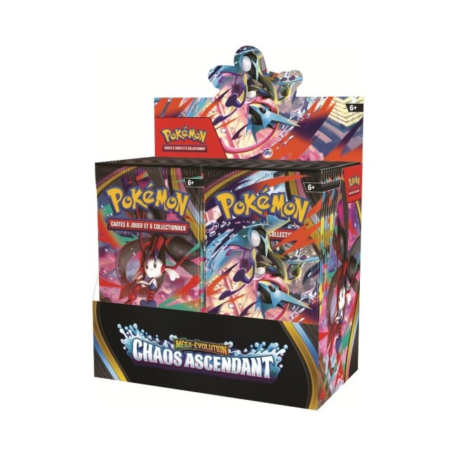 Boîte display Pokémon Chaos Ascendant ME04 vue angle boosters multiples