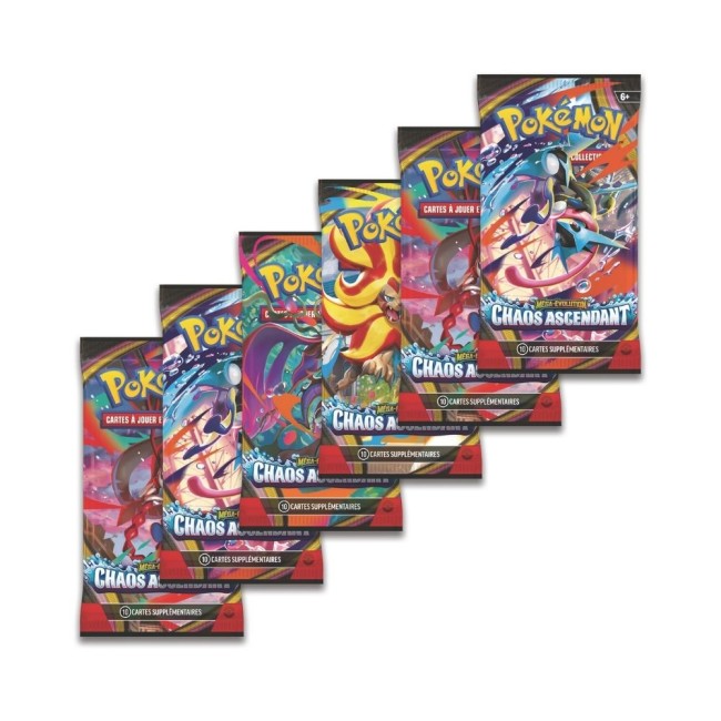 6 boosters Pokémon Méga-Évolution Chaos Ascendant ME04 contenu du lot