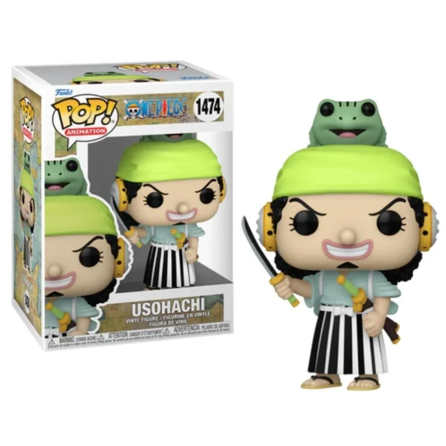 Figurine Funko Pop Usohachi de One Piece, numéro 1474, avec son emballage visible à côté. Usohachi est représenté avec un bandana vert, des cheveux noirs bouclés, une épée à la main, et une tenue rayée noire et blanche, accompagné d'une grenouille sur sa 
