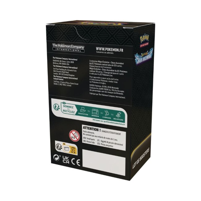 Arrière boîte Pokémon ME04 Chaos Ascendant lot 6 boosters détails produit