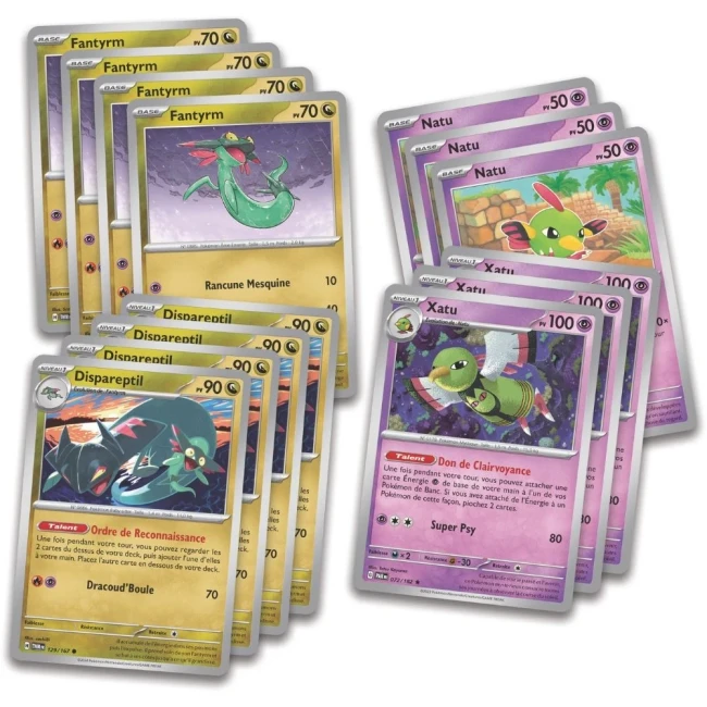 Pokémon JCC : Deck Combat de Ligue Lanssorien-ex - FR Vue des cartes Pokémon contenues dans le Deck Combat de Ligue Lanssorien-ex, incluant Fantyrm, Dispareptil, Natu et Xatu.