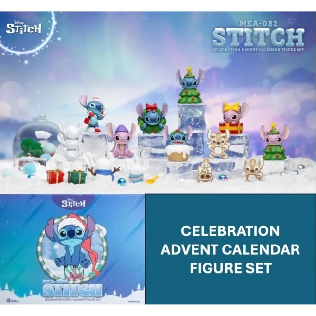 Figurines Lilo & Stitch du calendrier de l'avent dans un décor enneigé, avec le coffret de présentation en arrière-plan.