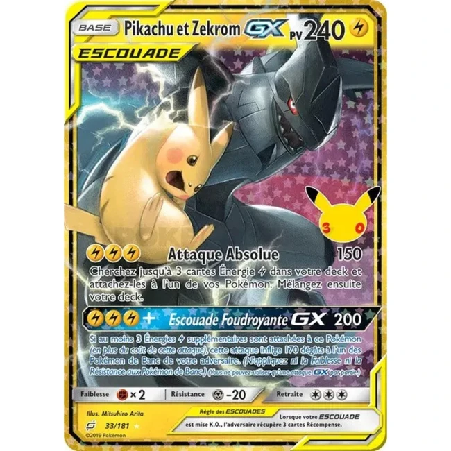 Carte Pokémon Pikachu et Zekrom GX 33/181 – 30e Anniversaire FR – Collection Classique